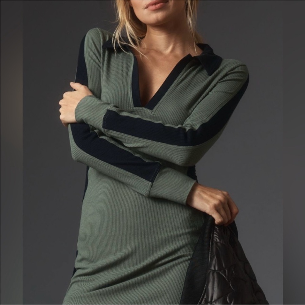 Anthropologie Daily Practice Stretchy Ribbed Green/Black Polo Midi Dress XS